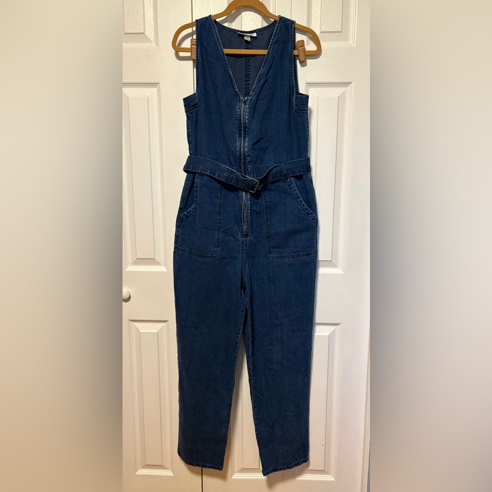 Rachel Comey Blue Denim Jumpsuit with Belt and Front Zipper
